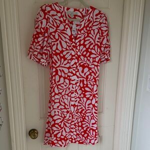 LOFT Red and White Abstract Mini Dress - M Tall